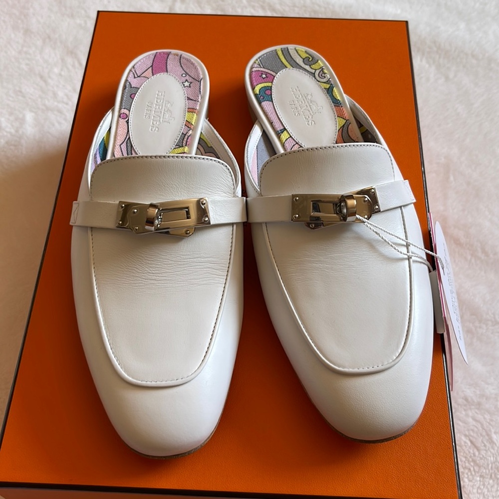 Hermes Oz Mule White Leather Palladium